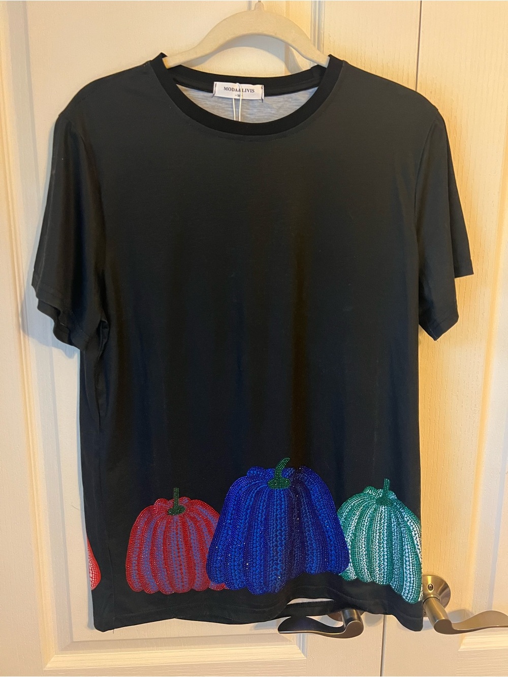 Black Tee with Colorful Pumpkin Motif-NWOT